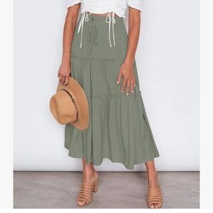 Boho Elastic High Waist A Line Ruffle Swing Maxi Skirt w/ Pockets, Size S NWT